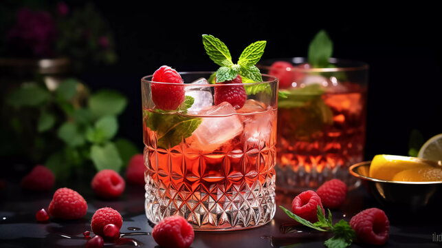Fresh homemade cocktail with raspberry and strawberry. Drink with fruits and mint 