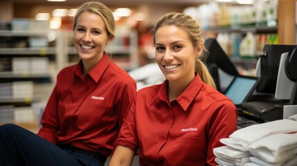 Two female employees in a retail store - obrazy, fototapety, plakaty