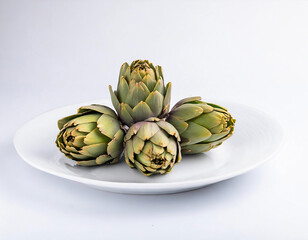 Fototapeta premium Carciofo a spicchi e intero in un piatto bianco