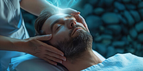 Boost energy massage of face head to male client business man with closed eyes by hands of masseur make . Natural scalp treatment and hair growth release stress and tiredness stimulation cosmetology - obrazy, fototapety, plakaty