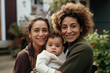 Obraz premium Family portrait of two mothers and their baby at home