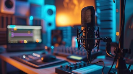 This image shows a well-equipped music recording studio with a microphone in the foreground and various audio equipment in the background. - obrazy, fototapety, plakaty