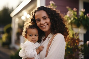 Smiling mother with baby in front of house
