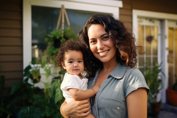 Fototapeta premium Smiling mother with baby in front of house