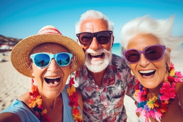 Smiling portrait of senior people at the beach
