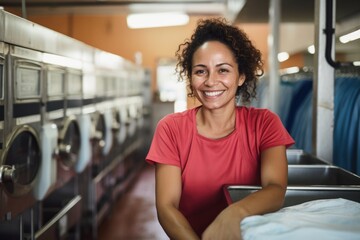 Portrait of a smiling hispanic woman working at laundromat