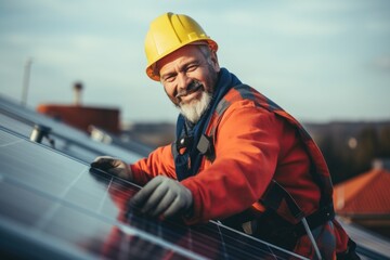 Construction worker installing solar panels on house roof