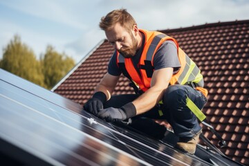 Construction worker installing solar panels on house roof