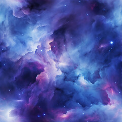 Seamless repeating pattern tile, abstract space clouds, purple and cyan nebulae with stars