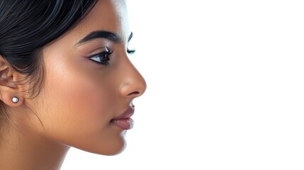 The image showcases a young woman's profile, highlighting her facial features from a side view against a white background. - obrazy, fototapety, plakaty