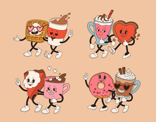 Valentine's Day set of funny vintage characters. Happy and cheerful retro. Old animation 60s 70s, groovy cartoon characters of coffee and sweets, donut, cupcake, espresso, latte, cocoa, cake. present.