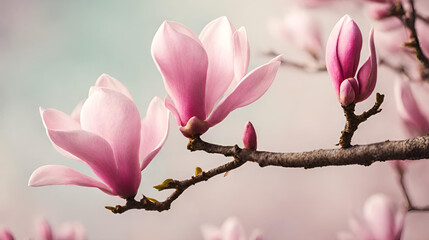 Spring Symphony: Vibrant Pink Magnolia Flowers on a Blossoming Branch
