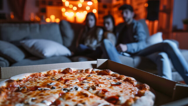 pizza on the table and blurred portrait of teenagers sitting on the sofa and watching TV, selective focus, fresh food delivery from pizzeria, small local business concept, banner or advertising idea