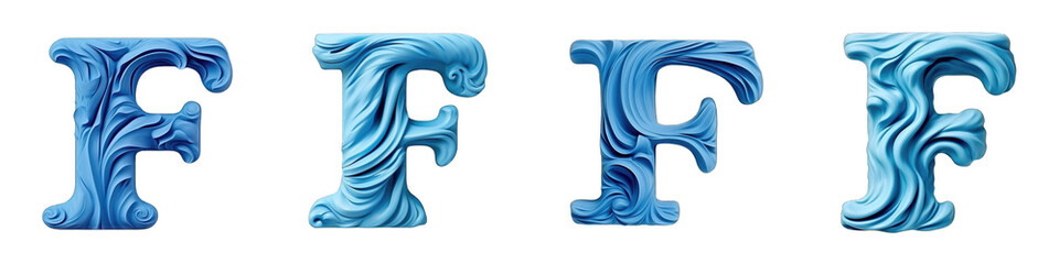 Blue Plasticine style lettering, alphabet, logotype, letter F isolated on a transparent background