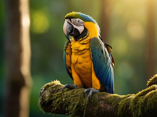 A beautiful macaw perching couple on top mossy stick over far blur green background in shaded sun lighting, amazing nature