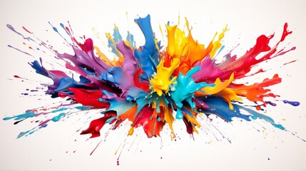 a single vibrant paint splash, its intricate details and rich colors magnified, showcasing the complexity and beauty of the splash pattern against the clean white background.
