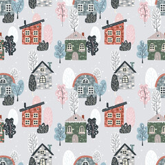Winter city. Houses in the snow, trees. Vector pattern
