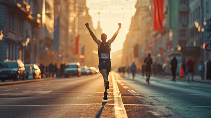A runner crossing the finish line of a marathon arms raised in victory and happiness. - obrazy, fototapety, plakaty