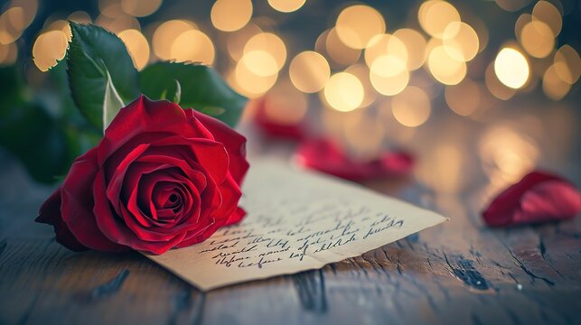 A vibrant red rose lies atop a handwritten letter, surrounded by soft-focus lights.