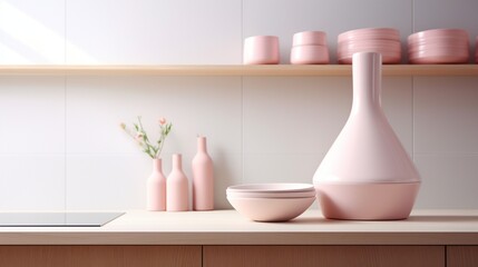 Fototapeta na wymiar a soft pink funnel, its delicate and charming color palette creating a sense of sweetness and grace, harmonizing beautifully with the pristine white backdrop, enhancing the aesthetics of any kitchen.