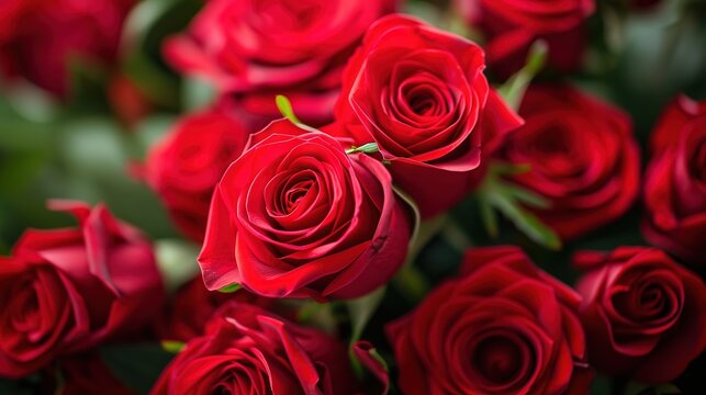 A close-up photograph of a bouquet of vibrant red roses, showcasing their delicate petals and rich color.