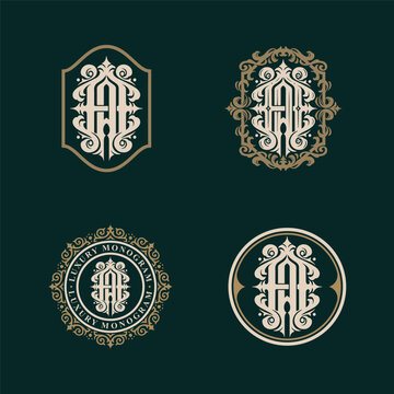 Set of letter A or AA monogram logos template. Premiun, Luxury, Victorian, Vintage, Badge design, Ornament Frame Style. Vector collection good for wedding, fashion boutique, clothing brand and etc