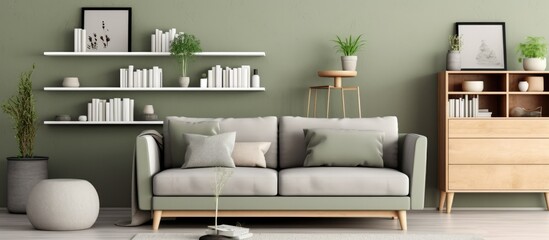 room with gray sofa and pillows, wooden shelves, on the wall.