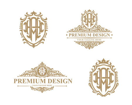 Set of letter AH or HA monogram logos template. Premiun, Luxury, Victorian, Vintage, Badge design, Ornament Frame Style. Vector collection good for wedding, fashion boutique, clothing brand and etc