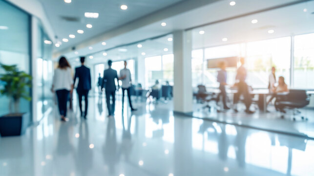Blurred image of business people walking in modern office with sunlight.