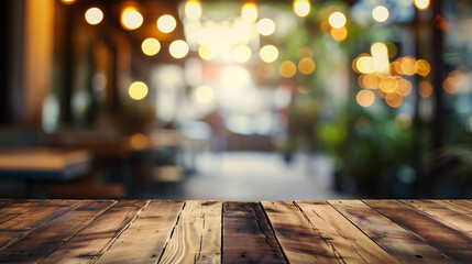 Empty wood table and Coffee shop blur background with bokeh image. - obrazy, fototapety, plakaty
