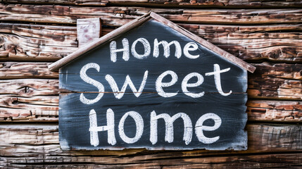 Home sweet home written on a chalkboard on a rustic wooden background