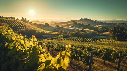 A sweeping shot of rolling vineyards under a clear, sunny sky