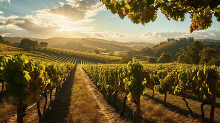 A sweeping shot of rolling vineyards under a clear, sunny sky