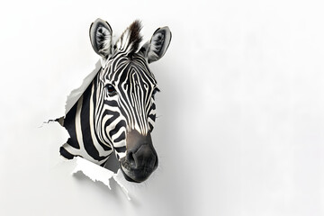 Curious Zebra Looking Through a Torn Paper Background