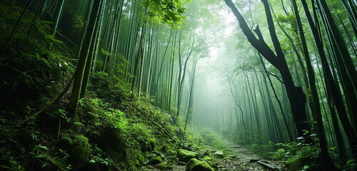 A sweeping view of a dense bamboo forest with a path leading into the mist