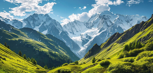 A sweeping view of a high-altitude alpine landscape with snow-capped peaks and alpine meadows