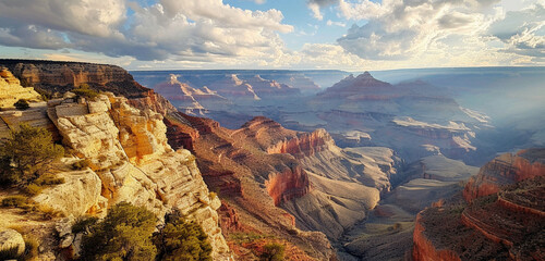 A sweeping view of a grand canyon with layers of colorful rock formations