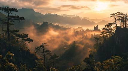 A sweeping view of a misty mountain valley at sunrise