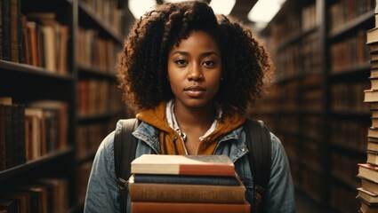 serious african american female student holding books in library - obrazy, fototapety, plakaty
