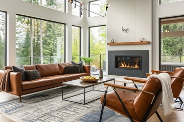 Mid-century style home interior design of modern living room. Brown leather sofa and chairs in room with fireplace