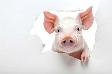 Adorable Pig Peeping Through a Torn Paper Hole - obrazy, fototapety, plakaty