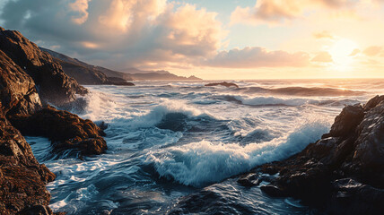 Obraz premium A sweeping vista of a rocky coastline with crashing waves and a sunset sky
