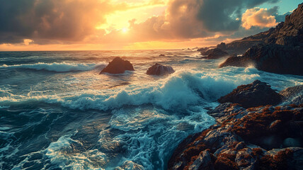 A sweeping vista of a rocky coastline with crashing waves and a sunset sky - obrazy, fototapety, plakaty