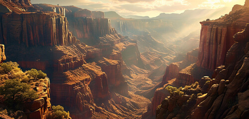 A sweeping vista of a sunlit canyon with layered rock formations