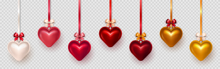 Big set of realistic three dimensional red, golden, pink and white puffy heart baubles hanging on ribbons with silk bow. 3d glossy heart pendant as decoration element for Valentines Day celebration