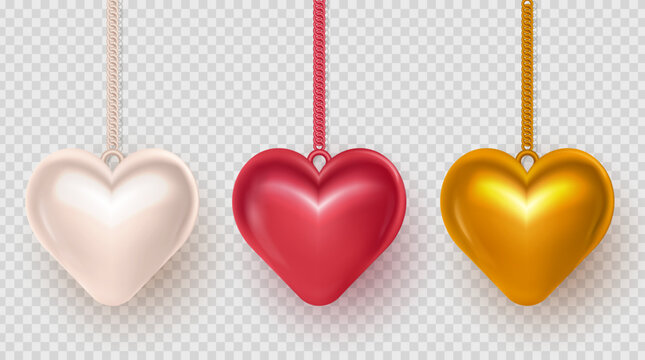 Set of realistic 3d pink, golden, white puffy heart baubles hanging on glossy ribbons. Three dimensional puffy heart pendants or garland as a decoration element for Valentines Day or Mother's Day