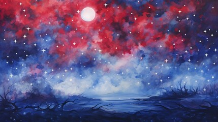 a vibrant red and deep blue colors blend together, creating a dreamlike and fantastical background reminiscent of a magical night sky filled with stars, evoking a sense of wonder and mystery.