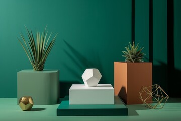Podiums of different geometric shapes and plants on green background