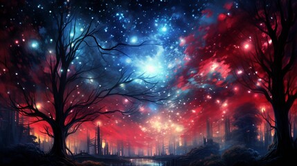 a vibrant red and deep blue colors blend together, creating a dreamlike and fantastical background reminiscent of a magical night sky filled with stars, evoking a sense of wonder and mystery.