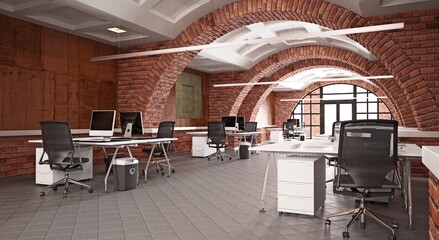 Interior of a modern office with brick walls